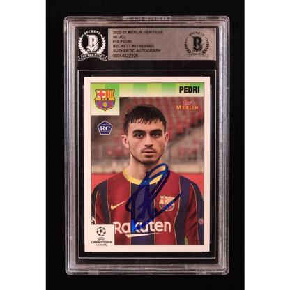 A graded 2020-21 Merlin Heritage Pedri autographed Barcelona soccer card