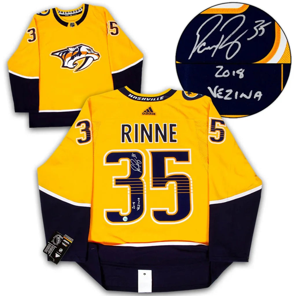 Pekka Rinne autographed Nashville Predators gold jersey with Rinne 35