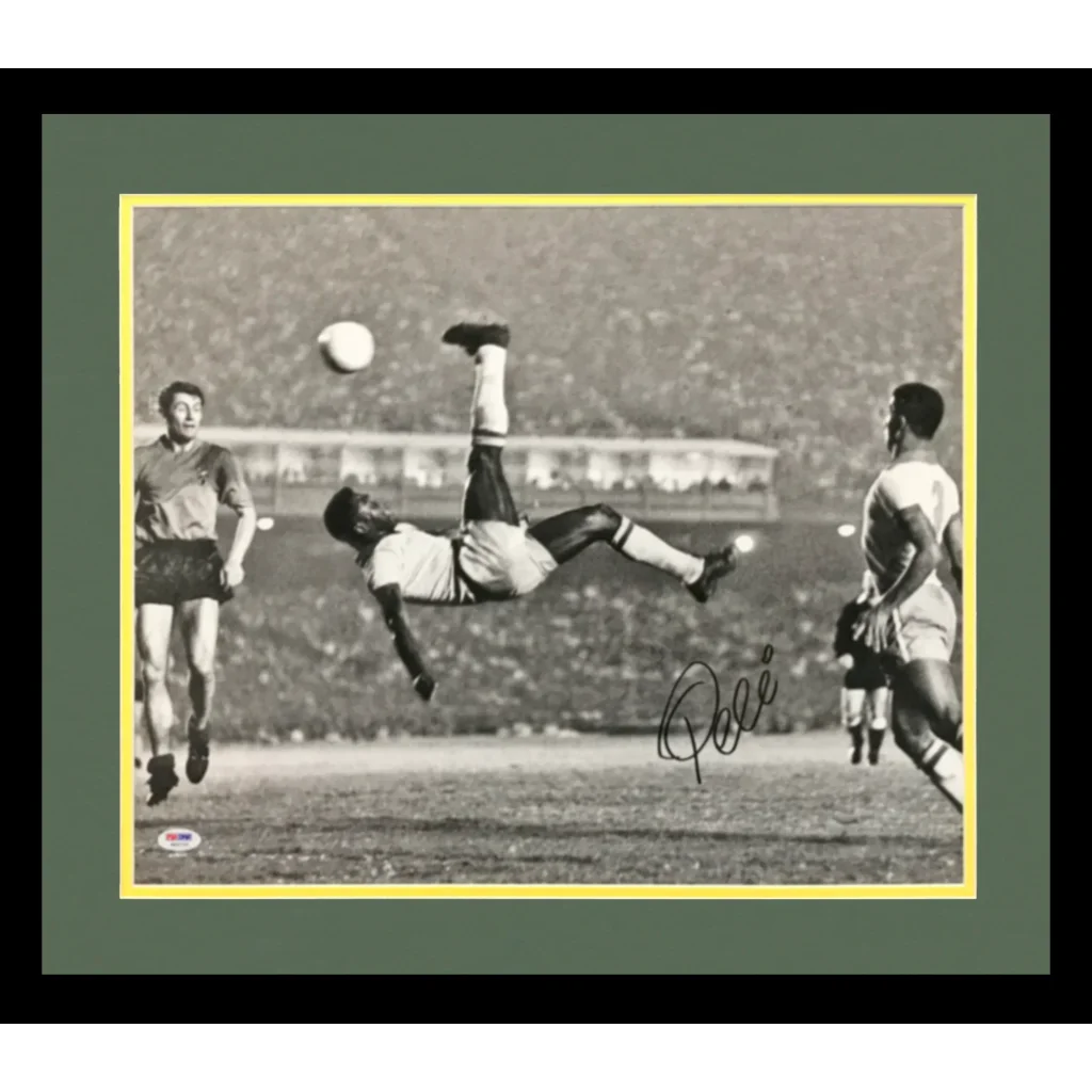 Pele autographed deluxe framed black-and-white bicycle kick photo