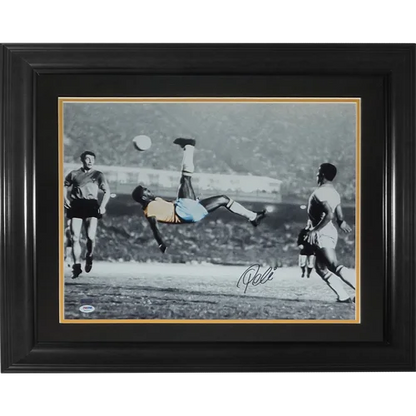 Pele autographed Brazil soccer bicycle kick framed photo