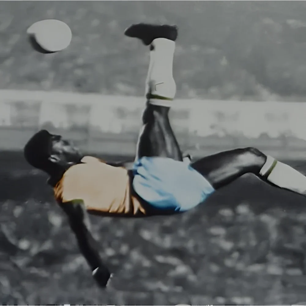 Pele autographed Brazil soccer bicycle kick in mid-air, framed photo