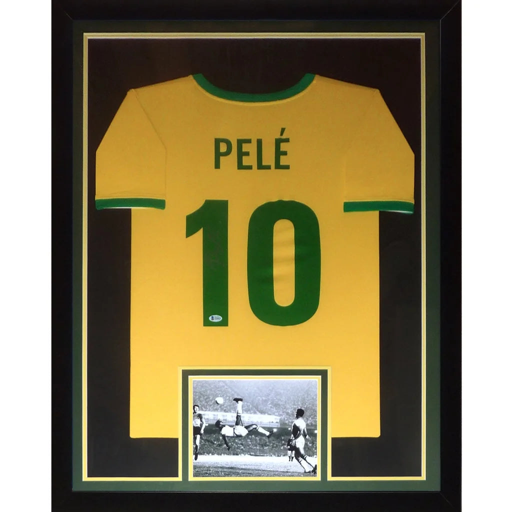 Framed Pele autographed Brazil soccer jersey number 10 yellow green