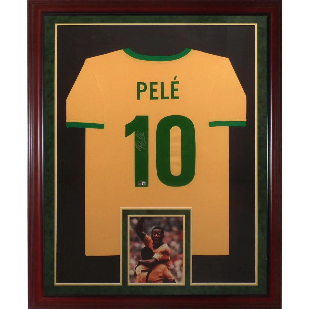 Pele autographed Brazil soccer deluxe framed jersey yellow #10