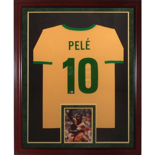 Pele autographed Brazil soccer deluxe framed jersey yellow #10