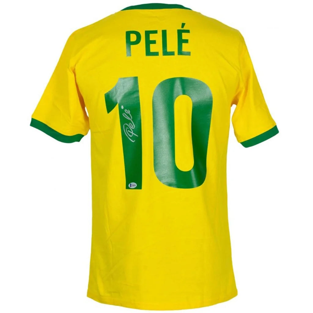 Pele autographed Brazil replica soccer jersey, yellow #10 with green trim