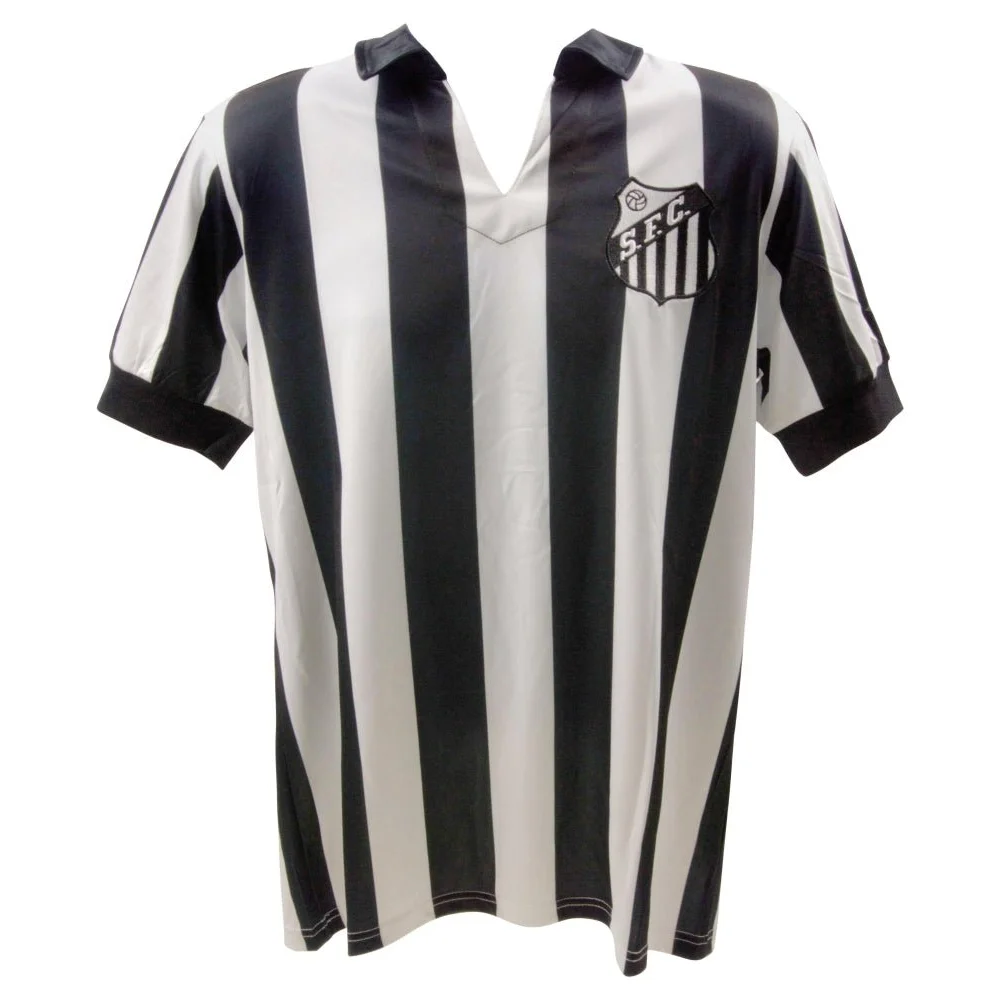 Black and white striped V-neck soccer jersey with patch, Pele signed, with COA