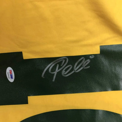 Signed yellow and green custom jersey from Pelé, a must-have for sports league fans