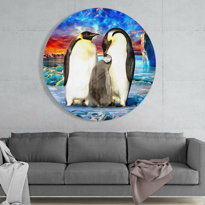 Stunning Tempered Glass Art Featuring Adorable Penguin Family | Glass Wall Art Print | vintageantiquesgifts.com