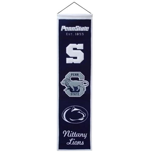 Navy blue Penn State heritage banner with white embroidered Nittany Lions logos