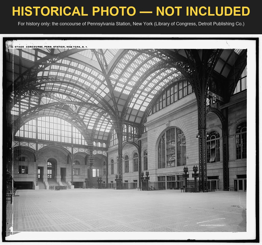Historical photo, not included: the concourse of Pennsylvania Station, New York, the Pennsylvania Railroad's great station, a Detroit Publishing Co. photograph in the Library of Congress, banded HISTORICAL PHOTO - NOT INCLUDED