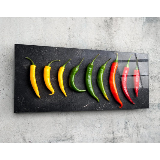Fiery chili peppers tempered glass art on black marble wall