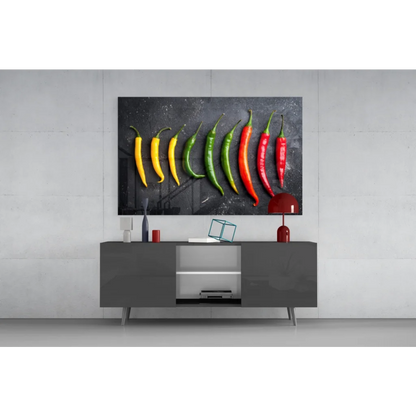 Vibrant chili peppers wall art on black canvas print