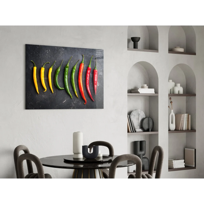 Vibrant chili peppers wall art canvas print on black background