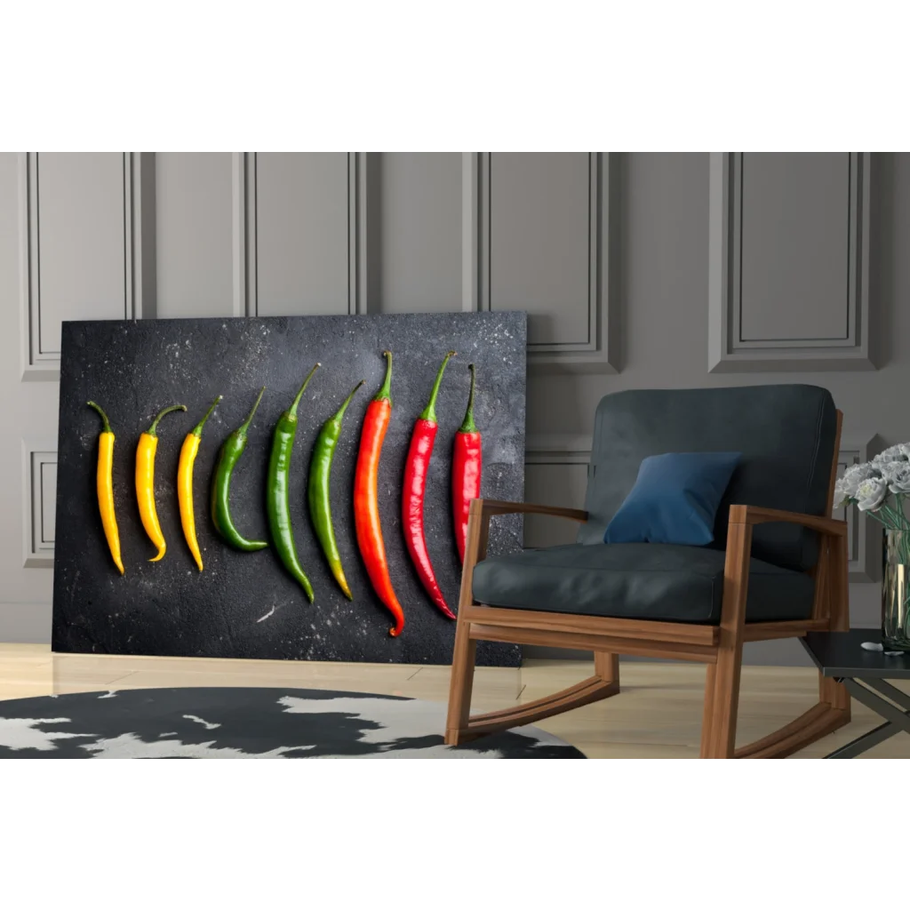 Vibrant chili peppers wall art canvas print on black background