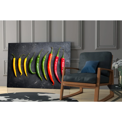 Vibrant chili peppers wall art canvas print on black background