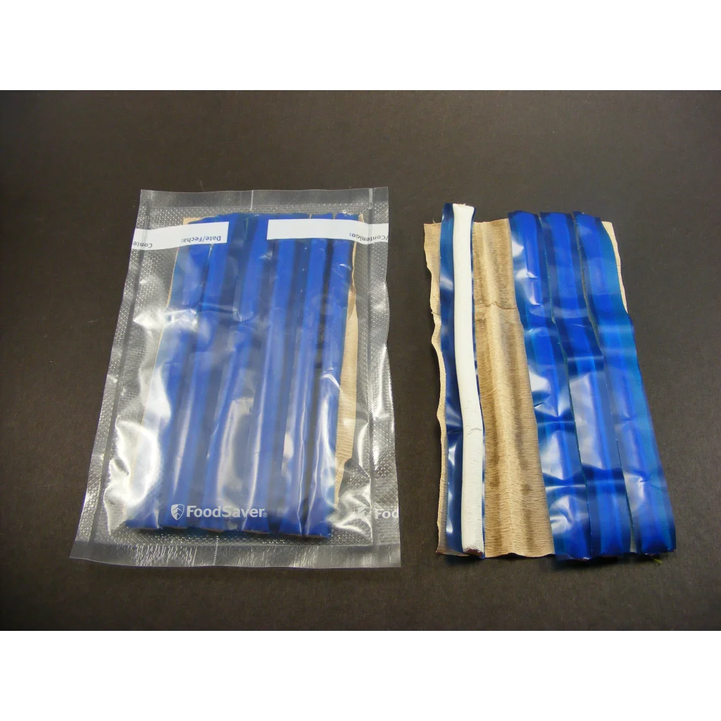 Blue Foodsaver bags sealed with display putty for collectibles