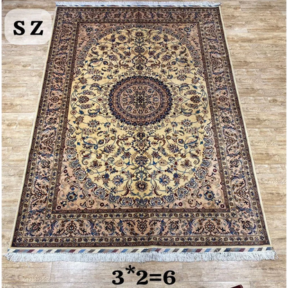 Beige brown ornate Persian rug in MLB career card note set break