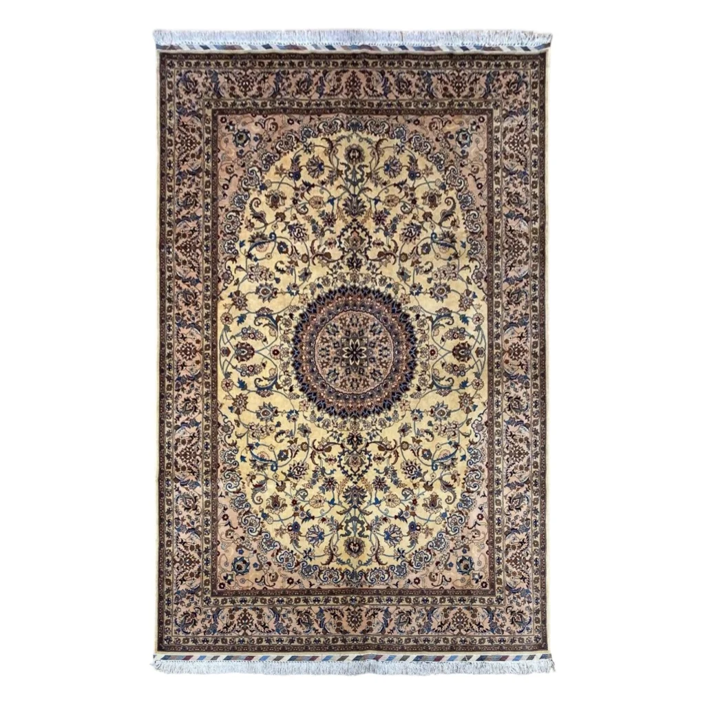Cream-colored Persian rug set break with ornate floral medallion design