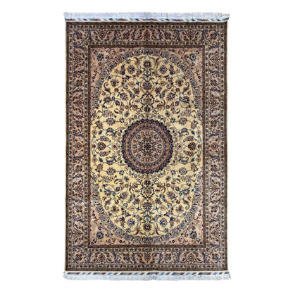 Cream-colored Persian rug set break with ornate floral medallion design