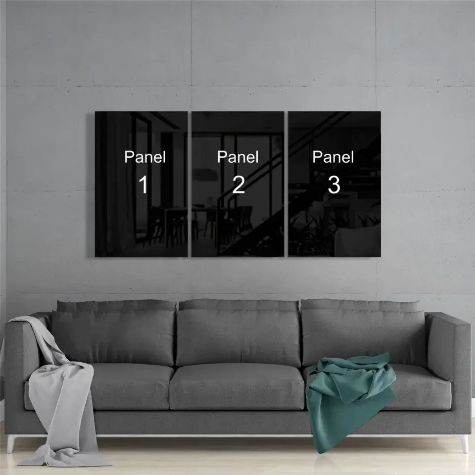 Personalized digital printed mega glass art: black triptych with numbered panels