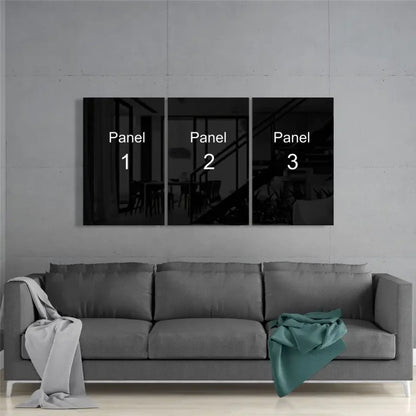 Personalized digital printed mega glass art: black triptych with numbered panels