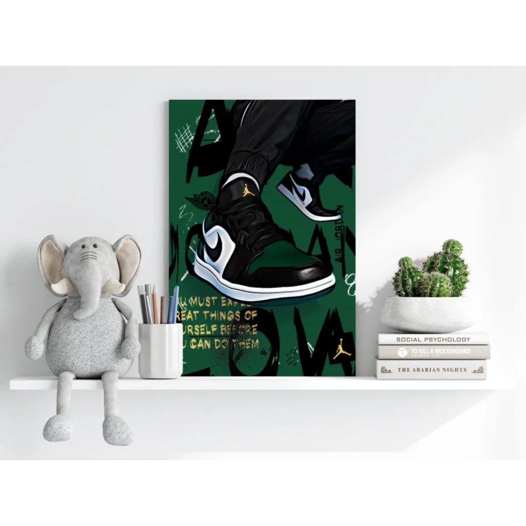 Black and white Nike Air Jordan 1 sneakers on green background poster