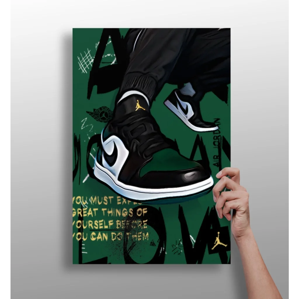 Black and white Nike Air Jordan 1 high-top sneaker with gold accents on aluminum print