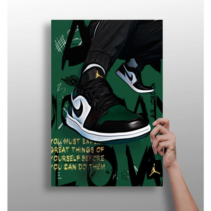 Black and white Nike Air Jordan 1 high-top sneaker with gold accents on aluminum print