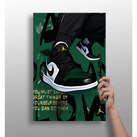 Black and white Nike Air Jordan 1 high-top sneaker with gold accents on aluminum print