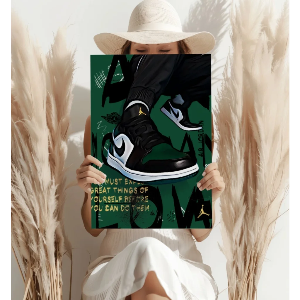 Black and white Jordan sneakers poster with green accents on aluminum print