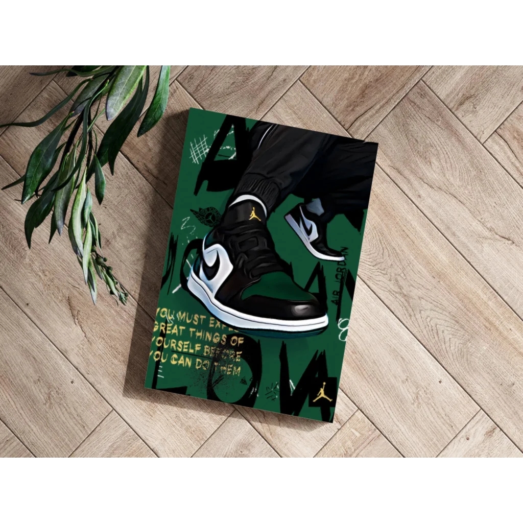 Green and black Jordan Air Max poster on wood floor