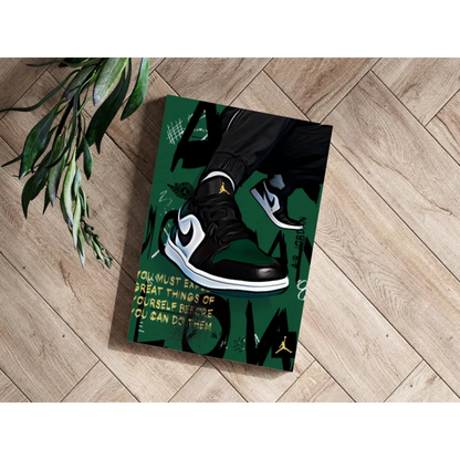 Green and black Jordan Air Max poster on wood floor