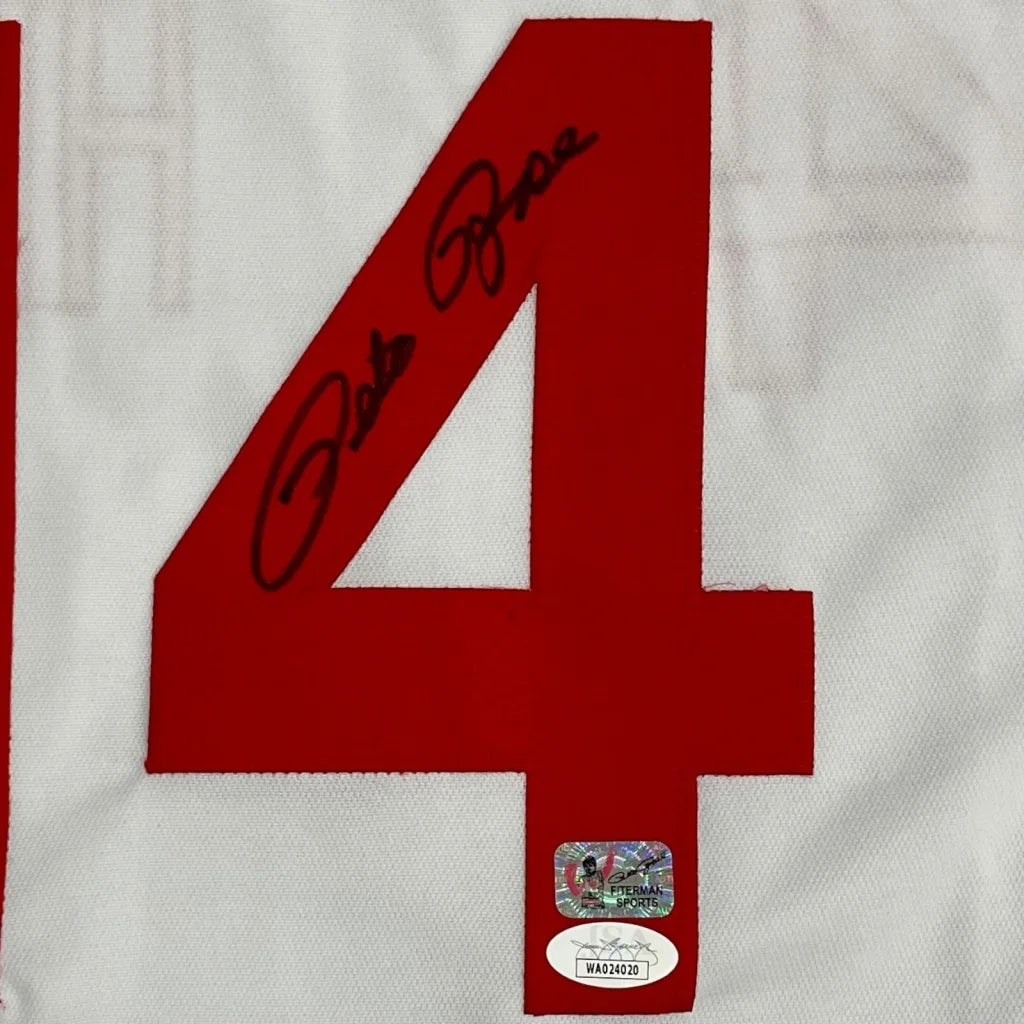Pete Rose autographed Cincinnati white #14 jersey with red 4 patch