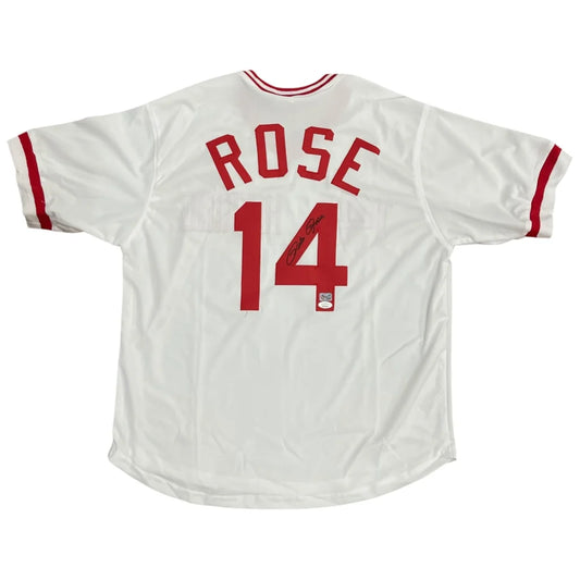 Pete Rose autographed white Cincinnati jersey with red Rose 14 on back