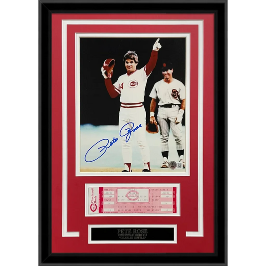 Pete Rose signed Cincinnati Reds framed photo with replica game ticket