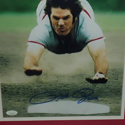 Pete Rose autographed Cincinnati Reds head first slide framed photo