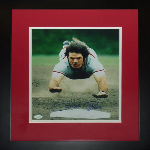 Pete Rose autographed Cincinnati Reds head first slide framed photo