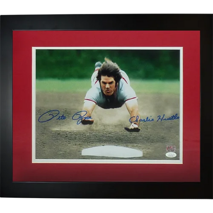 Pete Rose autographed Cincinnati Reds head-first slide framed photo