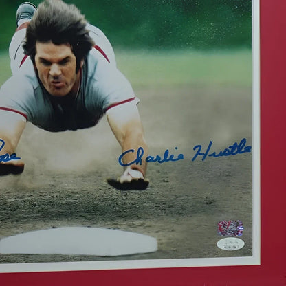 Pete Rose autographed Cincinnati Reds head first slide framed photo
