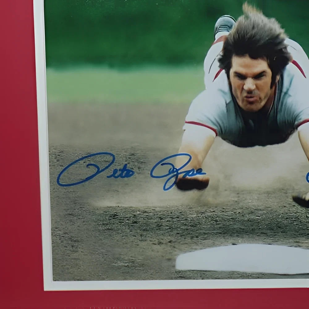 Pete Rose autographed Cincinnati Reds head first slide framed photo