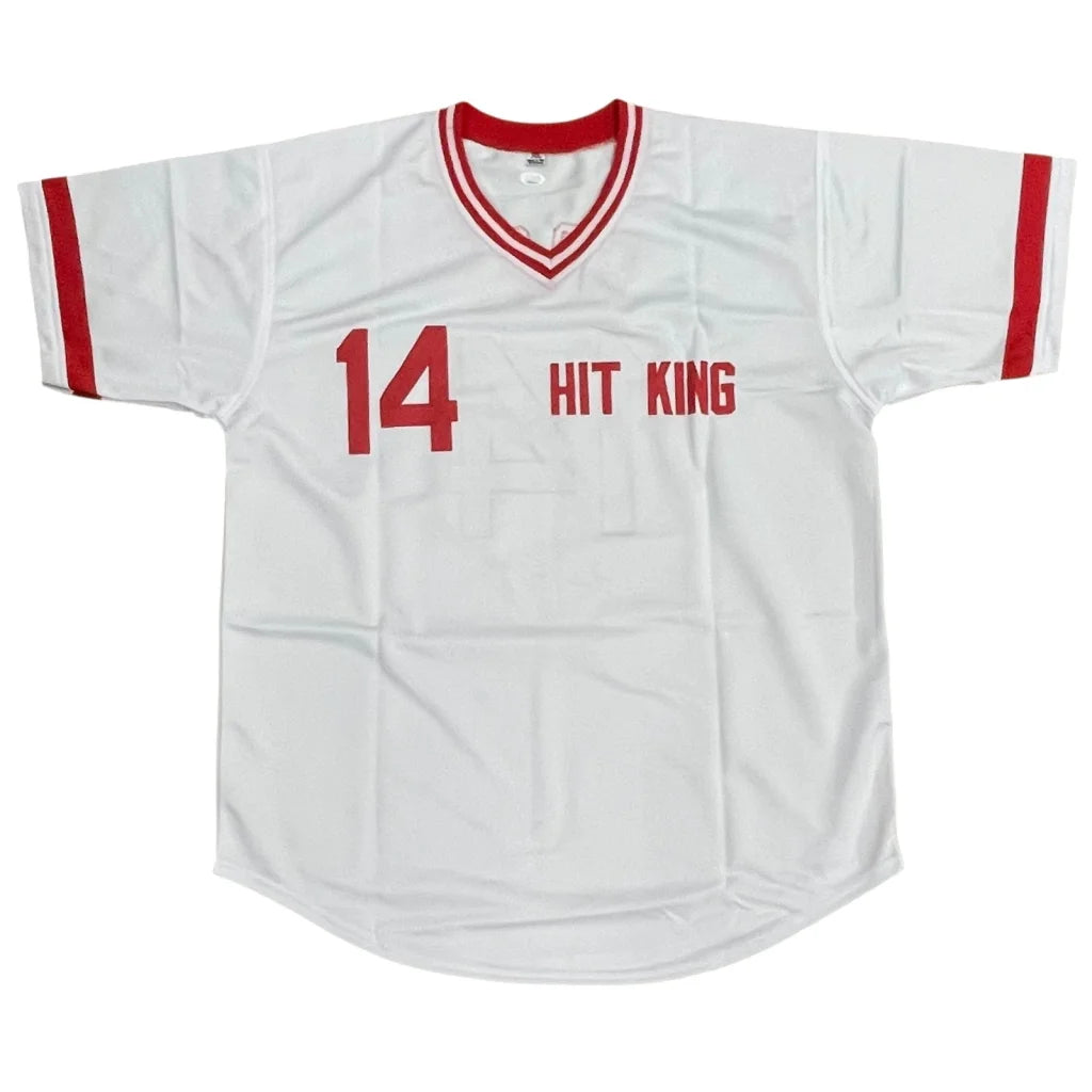 Pete Rose autographed white Cincinnati #14 jersey with 14 hit king print