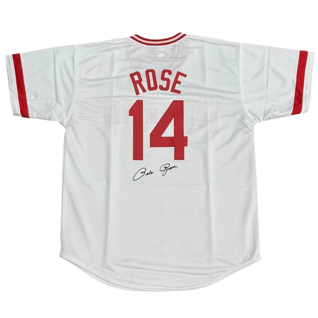 Pete Rose autographed white Cincinnati jersey with Rose 14 on back