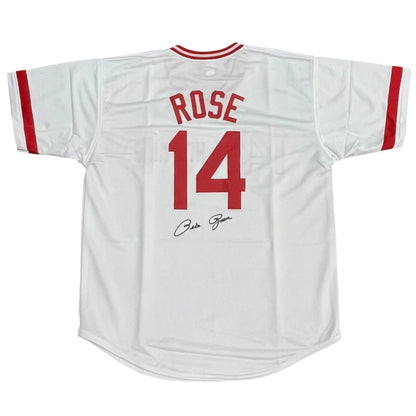 Pete Rose autographed white Cincinnati jersey with Rose 14 on back