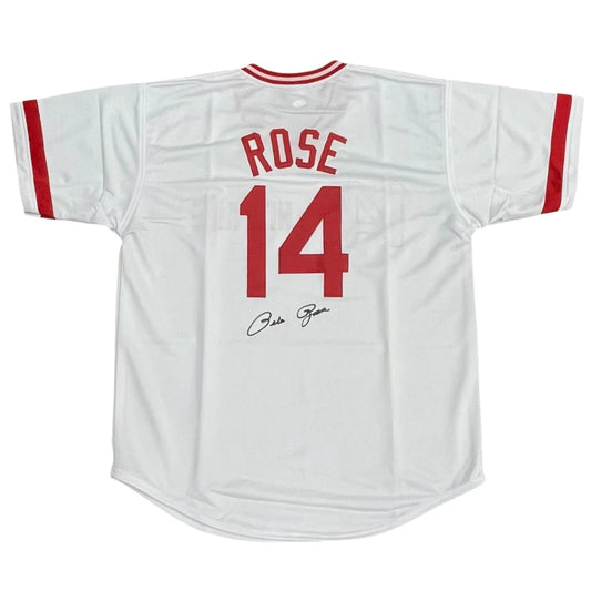 Pete Rose autographed white Cincinnati jersey with Rose 14 on back
