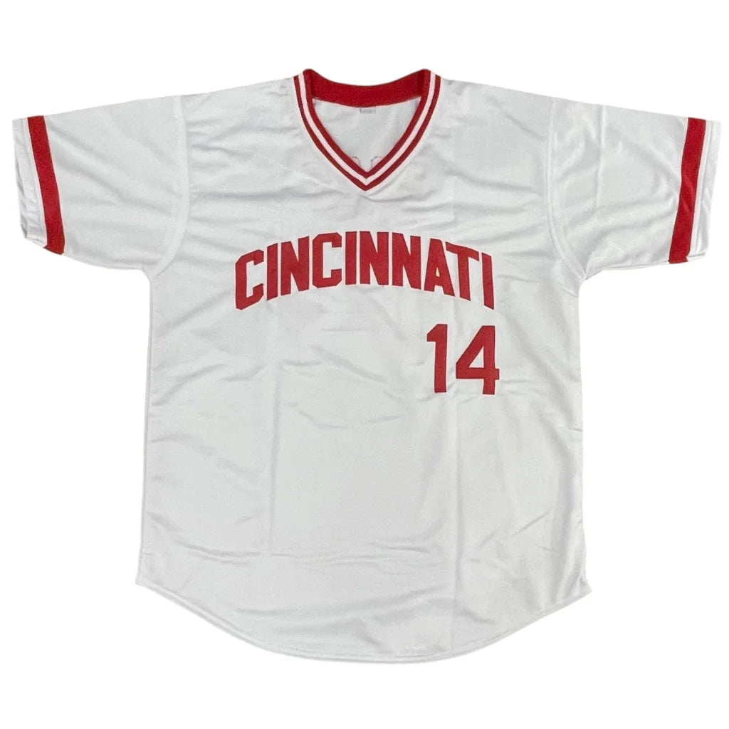 Pete Rose autographed white Cincinnati jersey with red trim and number 14