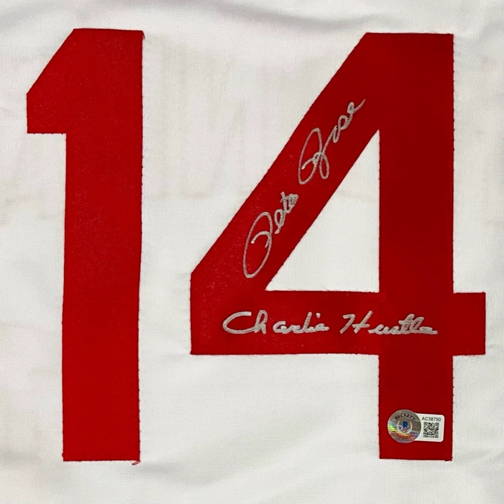 Pete Rose autographed white Cincinnati jersey #14 with Charlie Hustle