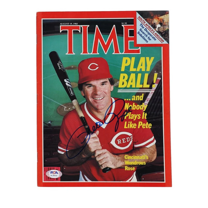 Autographed Pete Rose Time Magazine from 1985 with PSA authentication on display