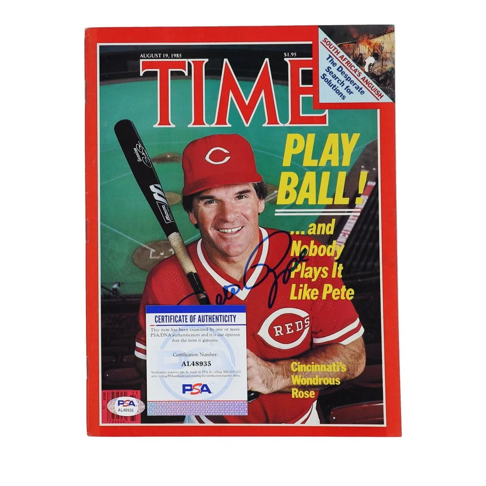 Autographed Pete Rose Time Magazine from 1985 with PSA authentication for collectors