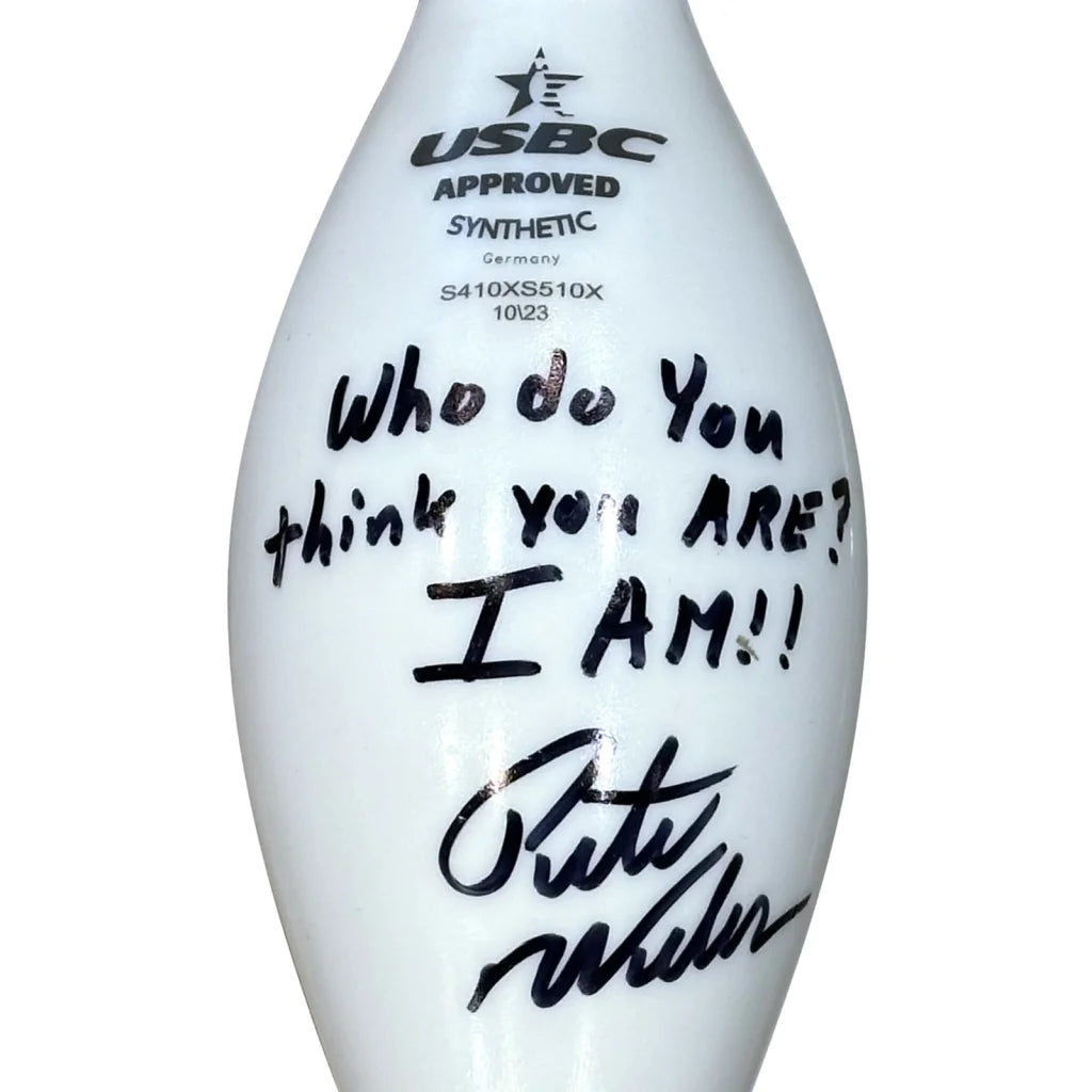 Pete Weber autographed white USB C-approved synthetic bowling pin with black inscription