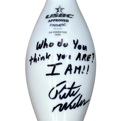 Pete Weber autographed white USB C-approved synthetic bowling pin with black inscription
